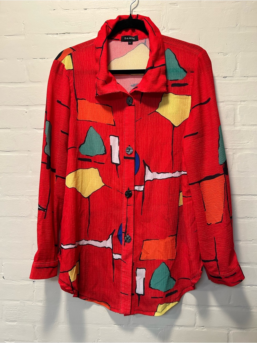 Damee Red Crinkle Abstract Print Button Front Wired Collar Blouse Art to Wear L